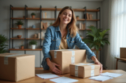 Femme souriante avec colis dans un salon moderne