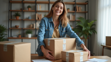 Femme souriante avec colis dans un salon moderne