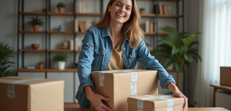 Femme souriante avec colis dans un salon moderne
