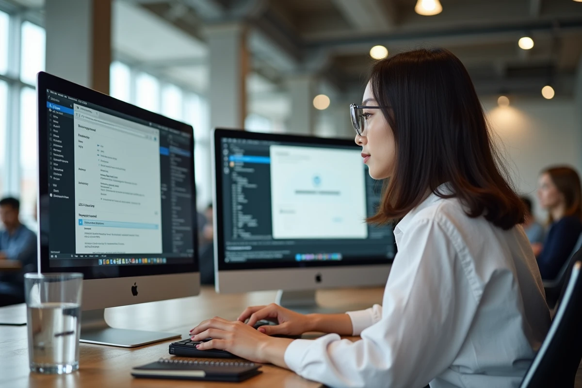 Femme comparant un proxy et des paramètres DNS sur deux écrans dans un espace de coworking moderne