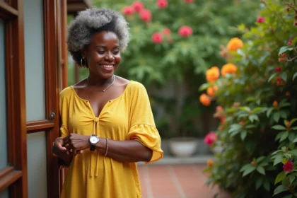 Femme creole en robe jaune vérifiant sa montre dans un jardin tropical