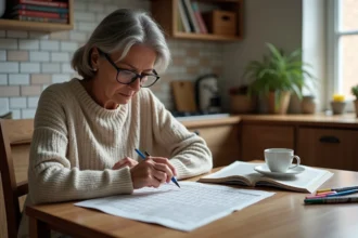 Femme d'âge moyen lisant un journal de croixsudoku dans la cuisine