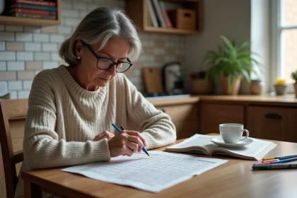 Femme d'âge moyen lisant un journal de croixsudoku dans la cuisine