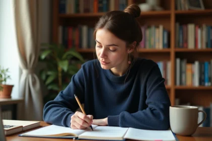 Femme concentrée écrivant dans un cahier avec des livres de grammaire française ouverts sur un bureau en bois