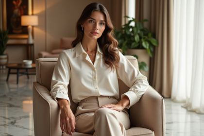 Femme élégante assise dans un salon luxueux et apaisant