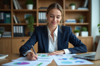 Femme d affaires en blazer navy organise documents financiers