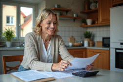 Femme française réfléchissant avec documents à la maison
