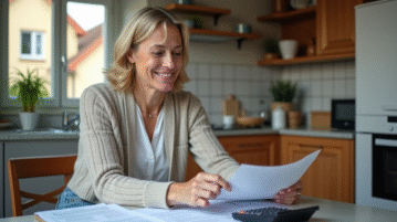 Femme française réfléchissant avec documents à la maison