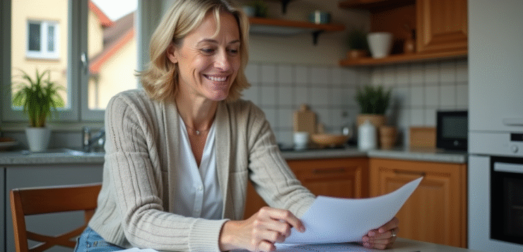 Femme française réfléchissant avec documents à la maison