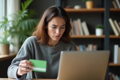 Femme frustrée tenant une carte illicado face à un écran d'ordinateur montrant un refus de paiement Amazon