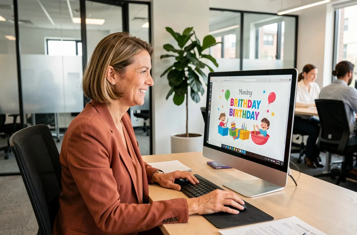 Femme souriante devant un GIF d'anniversaire sur son écran d'ordinateur au bureau