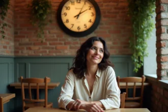Femme contemplant une horloge affichant 08h08 dans un café chaleureux, heure miroir et astrologie