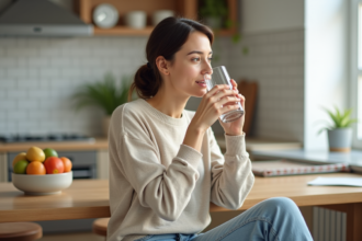 Femme assise à la cuisine en train de boire de l'eau