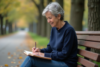 Femme assise dans un parc automnal en train d'écrire dans un journal