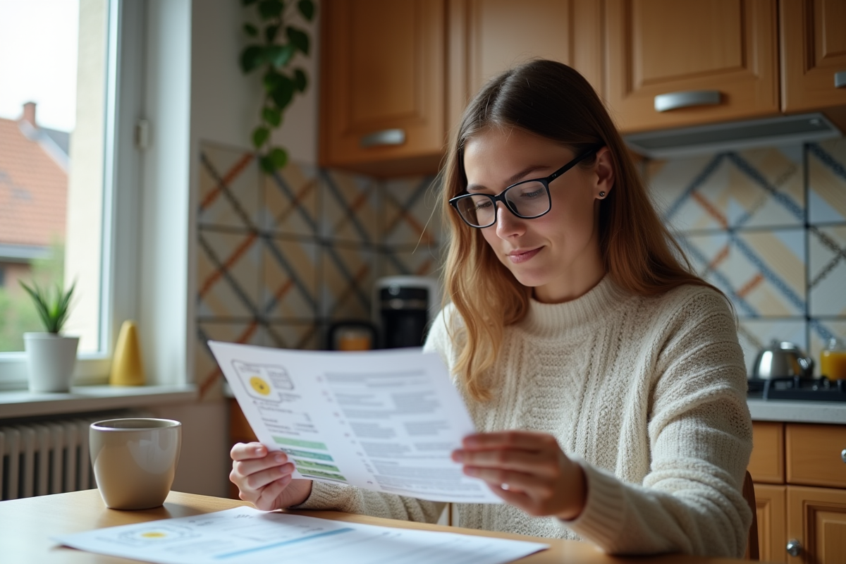 Jeune femme lisant un certificat DPE dans sa cuisine