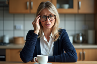 Femme d'âge moyen retire ses lunettes dans une cuisine chaleureuse