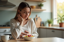 Femme préoccupée à la table de petit déjeuner avec un bol de flocons d'avoine