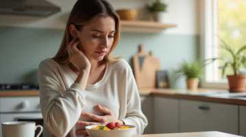 Femme préoccupée à la table de petit déjeuner avec un bol de flocons d'avoine