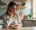 Femme préoccupée à la table de petit déjeuner avec un bol de flocons d'avoine