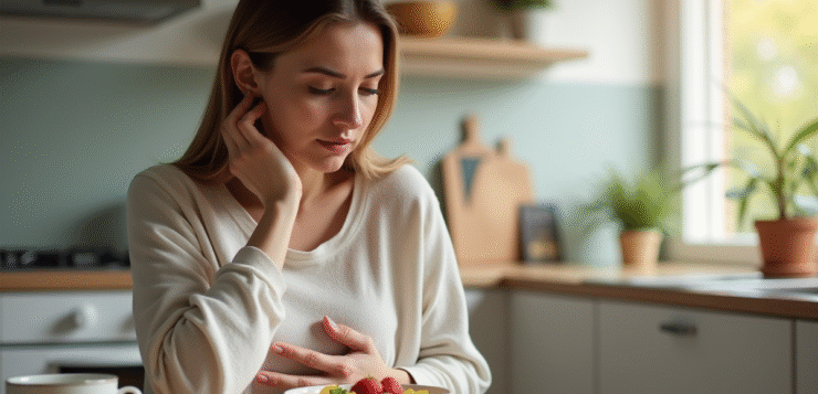 Femme préoccupée à la table de petit déjeuner avec un bol de flocons d'avoine