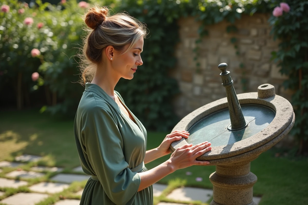 Femme en méditation dans un jardin ancien évoquant les heures miroirs et les signes astrologiques