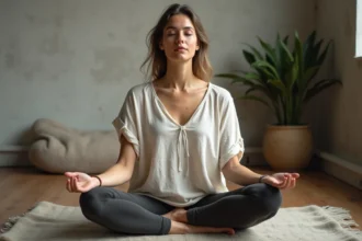 Femme en méditation murmurant un mantra ou synonyme symbolique, assise en tailleur dans une salle minimaliste
