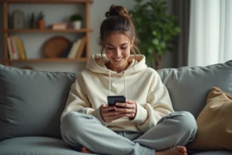 Jeune femme perplexe lisant un message ambigu sur son smartphone dans son salon