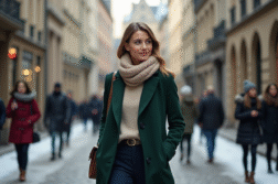 Femme élégante en manteau vert dans une rue urbaine d'hiver