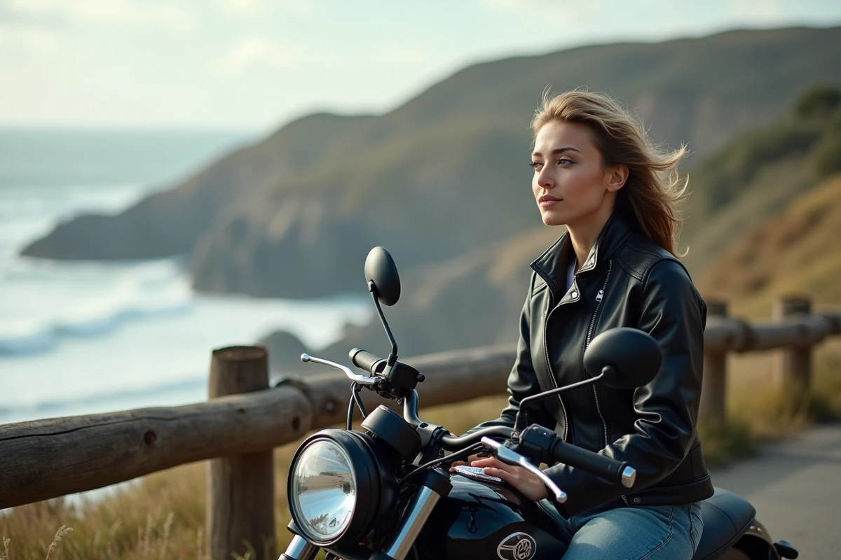 Jeune femme en moto sur une route côtière au bord de la mer