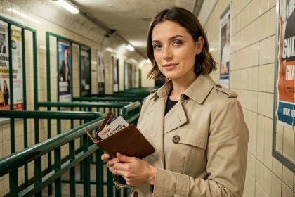 Femme tenant un pass Navigo Découverte devant les portiques d'une station de métro parisienne