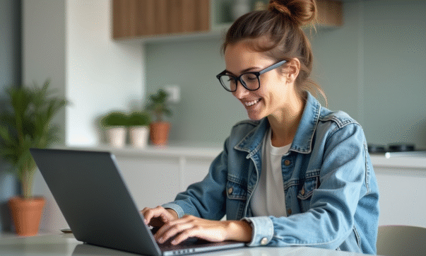 Jeune femme utilisant un ordinateur pour comparer des devis d'assurance