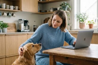 Jeune femme souriante avec son chien dans une cuisine chaleureuse