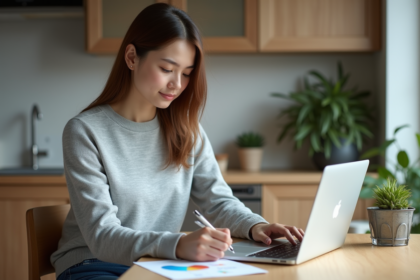 Jeune femme concentrée avec graphique dans une cuisine moderne