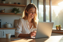 Jeune femme souriante utilisant un ordinateur dans une cuisine lumineuse