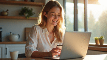 Jeune femme souriante utilisant un ordinateur dans une cuisine lumineuse
