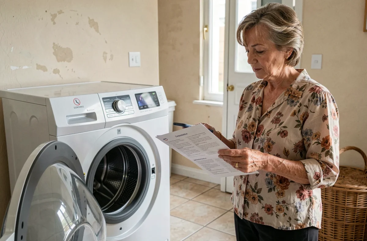 Femme face à un lave-linge en panne tenant son téléphone pour contacter le SAV Darty