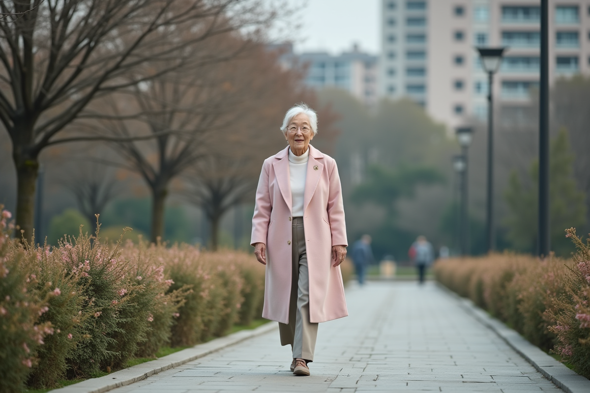Femme élégante se promenant dans un parc urbain tranquille