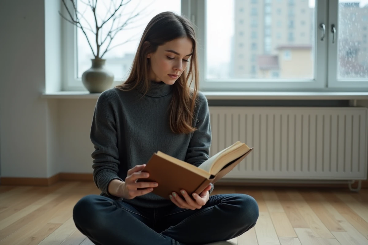 Jeune femme lisant un livre de philosophie dans un appartement minimaliste et mélancolique, illustrant la réflexion sur le désenchantement selon Schopenhauer