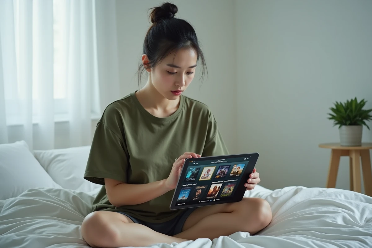 Femme cherchant un site de films sur une tablette dans une chambre aux draps blancs