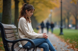 Femme assise sur un banc de parc en automne