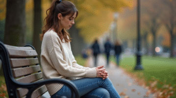 Femme assise sur un banc de parc en automne