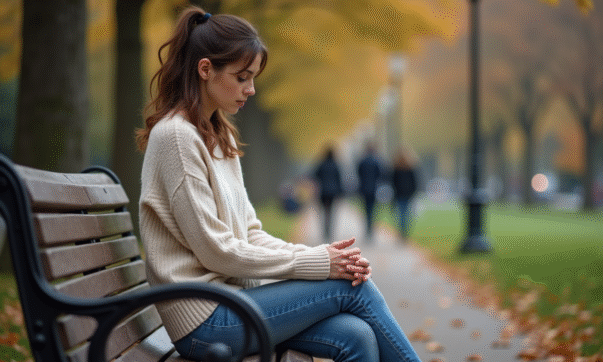 Femme assise sur un banc de parc en automne