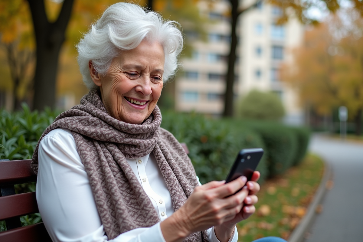 Femme retraitée souriante avec smartphone dans un parc en automne