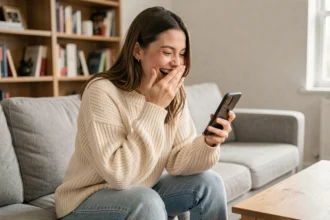 Jeune femme riant aux éclats en lisant une blague sur son smartphone, assise dans un salon moderne et cosy