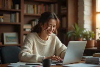 Jeune femme riant devant son ordinateur portable, illustrant la culture mème du lapin d'Alice au Pays des Merveilles en 2026
