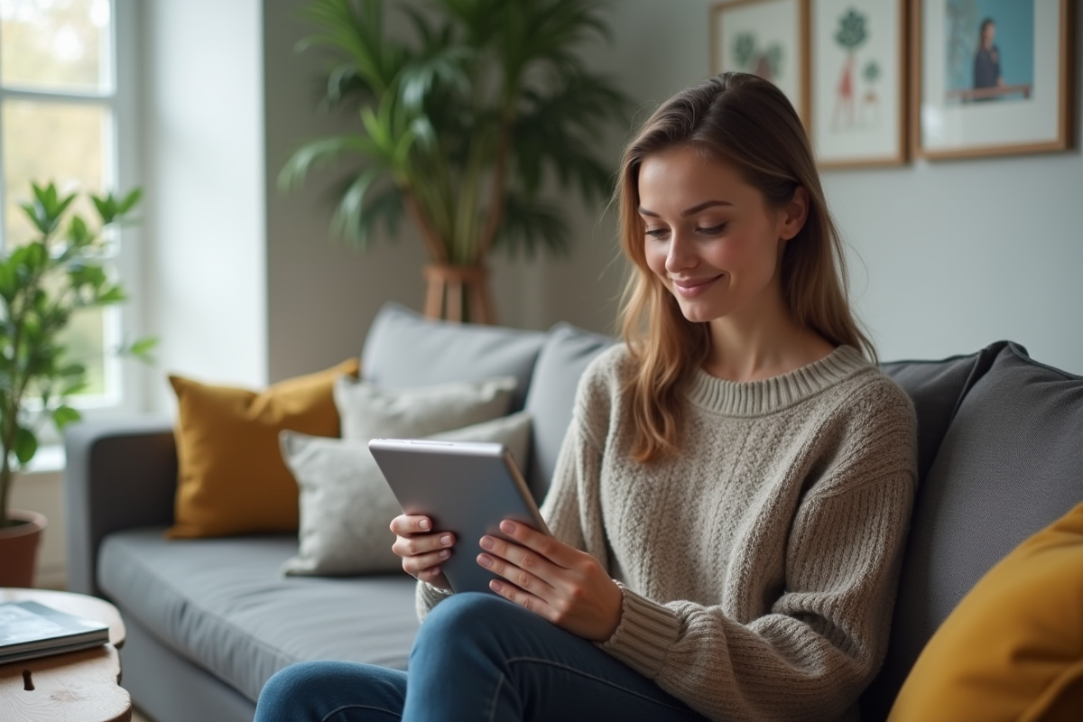 Jeune femme souriante utilisant une tablette dans un salon cosy