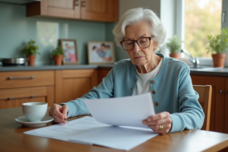 Femme senior calme lisant des documents dans la cuisine