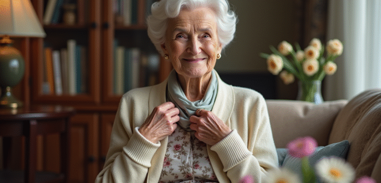 Tenue parfaite pour les personnes de 80 ans : idées et conseils mode 2025 Femme de 80 ans élégante ajustant un foulard en soie dans un salon