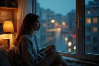 Femme pensive seule près d'une fenêtre la nuit regardant un réveil affichant 22h22, symbolisant la séparation des flammes jumelles