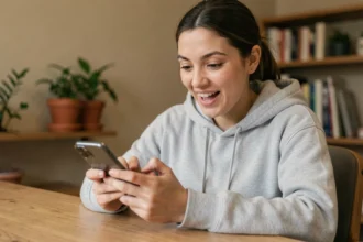 Jeune femme jouant à Coin Master sur son smartphone pour enchaîner les bonus des tours gratuits